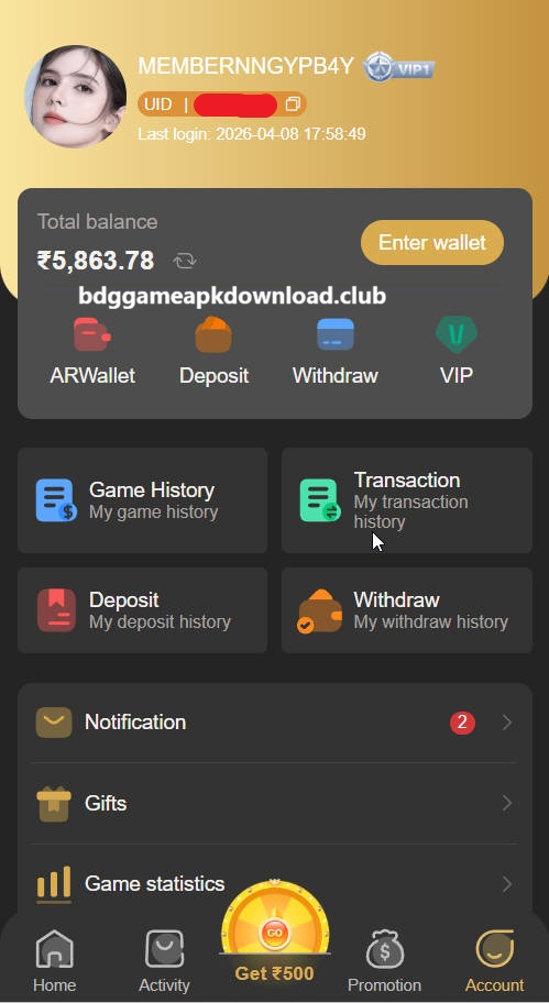 BDG Game wallet screen